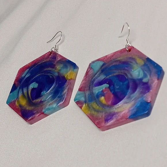 Hand Crafted Multicolor Hexagon Earrings - Picture 2 of 4